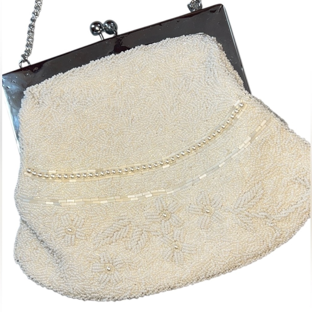 Vintage Bridal Chic Cream Beaded Clutch with Silver Accents Seed Pearls